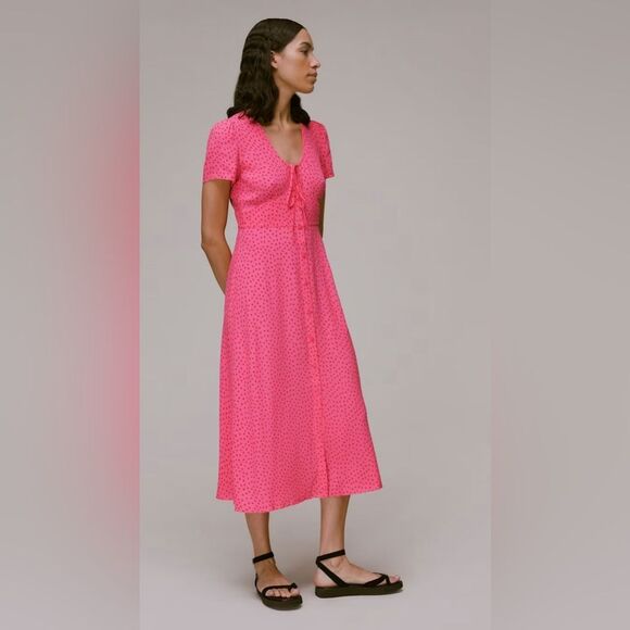 Whistles Women’s Size 14 Pink Red Polka Dot Heidi Spot Print Midi Dress - Picture 1 of 15
